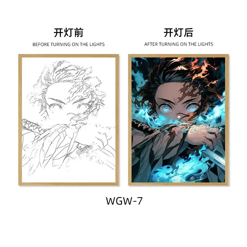 Demon Slayer Series Light Painting, Decorative Painting, Night Light, Creative Wooden Photo Frame Table, Rechargeable USB Model