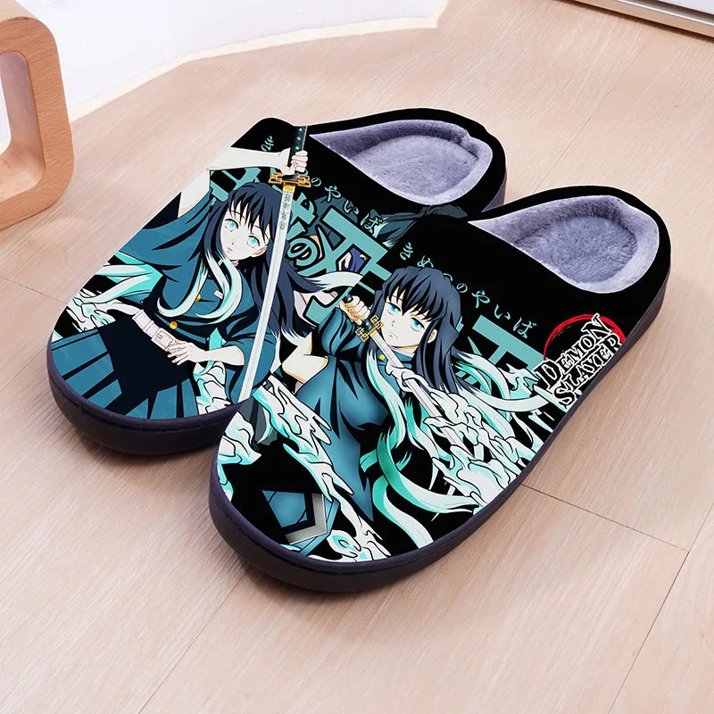 Demon Slayer Anime Winter Plush Cosplay Slippers Couple's Indoor Non-slip House Slides Men And Women Toe Wrap Home Cotton Shoes