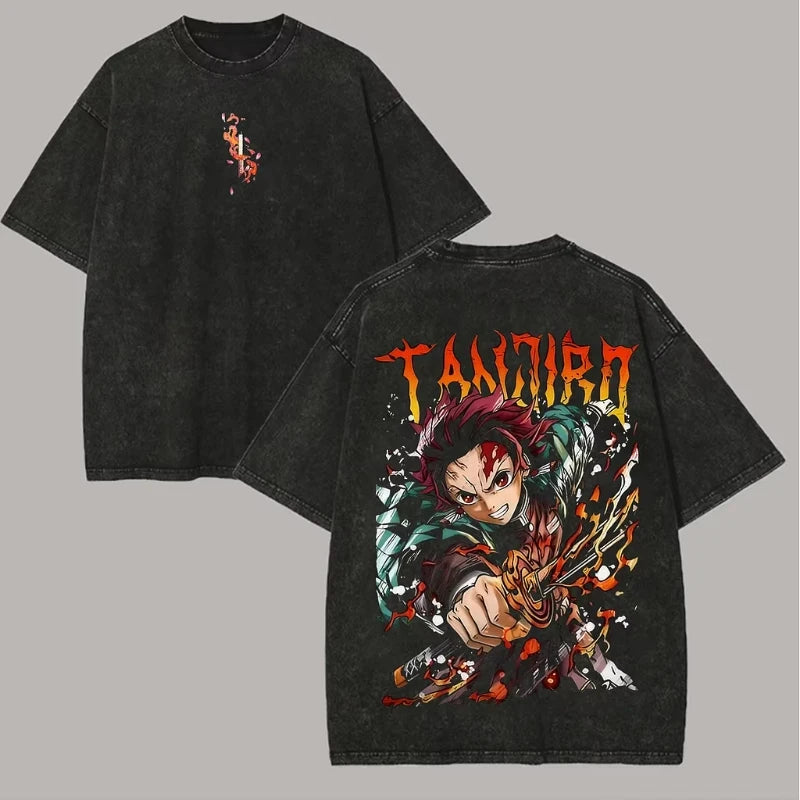 Manga Demon Slayer Graphic T-shirt Kamado Tanjirou Print Washed Oversized T Shirt Men's Clothing Pure Cotton Short Sleeves Tees