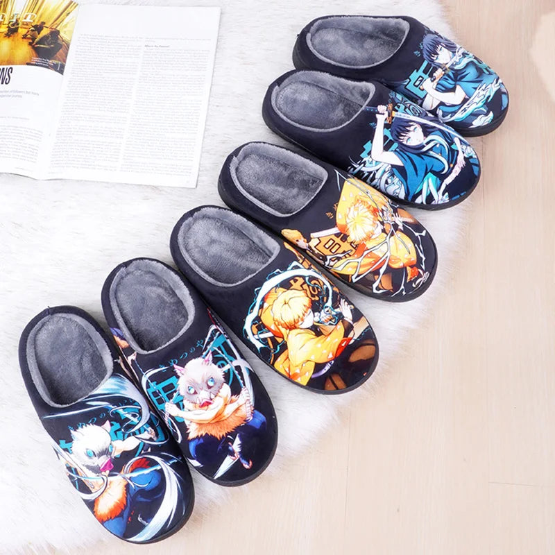 Demon Slayer Anime Winter Plush Cosplay Slippers Couple's Indoor Non-slip House Slides Men And Women Toe Wrap Home Cotton Shoes