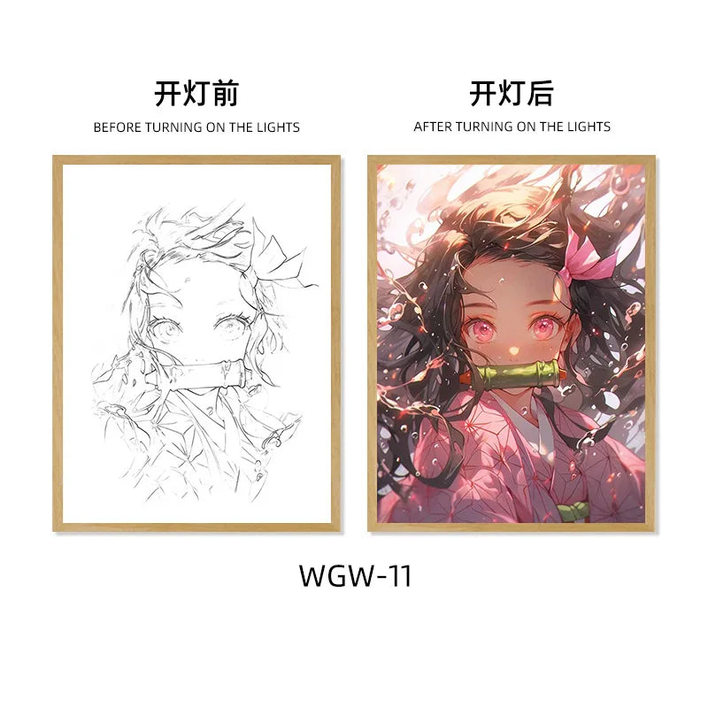 Demon Slayer Series Light Painting, Decorative Painting, Night Light, Creative Wooden Photo Frame Table, Rechargeable USB Model