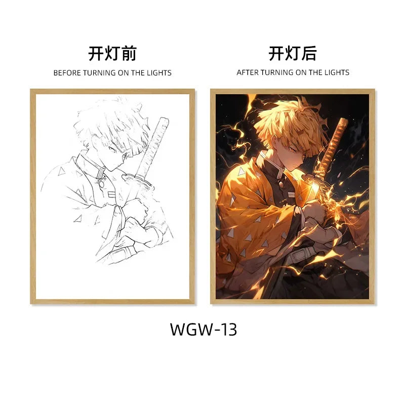 Demon Slayer Series Light Painting, Decorative Painting, Night Light, Creative Wooden Photo Frame Table, Rechargeable USB Model