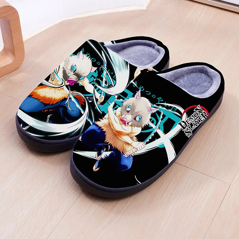 Demon Slayer Anime Winter Plush Cosplay Slippers Couple's Indoor Non-slip House Slides Men And Women Toe Wrap Home Cotton Shoes