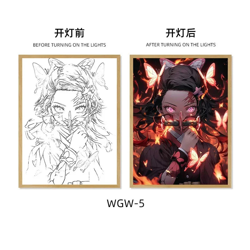 Demon Slayer Series Light Painting, Decorative Painting, Night Light, Creative Wooden Photo Frame Table, Rechargeable USB Model