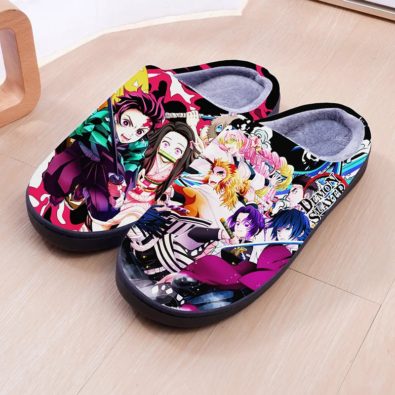 Demon Slayer Anime Winter Plush Cosplay Slippers Couple's Indoor Non-slip House Slides Men And Women Toe Wrap Home Cotton Shoes