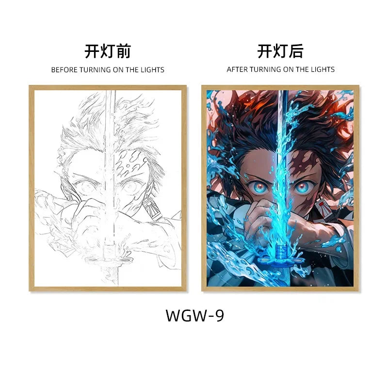 Demon Slayer Series Light Painting, Decorative Painting, Night Light, Creative Wooden Photo Frame Table, Rechargeable USB Model