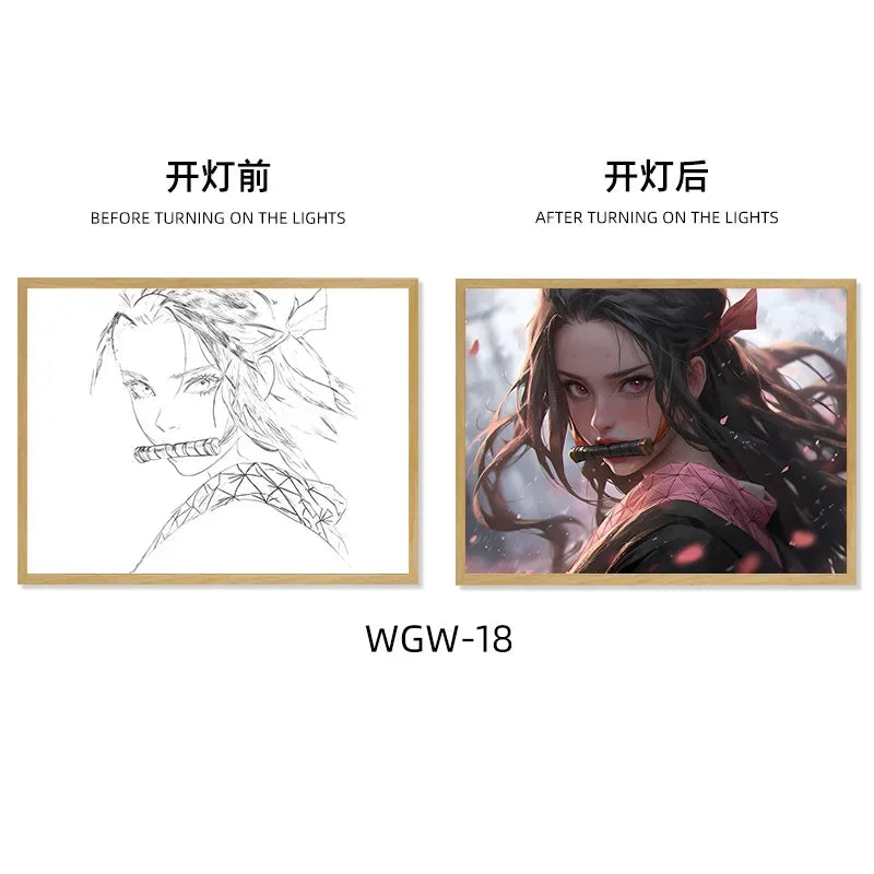 Demon Slayer Series Light Painting, Decorative Painting, Night Light, Creative Wooden Photo Frame Table, Rechargeable USB Model