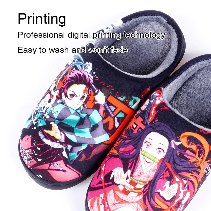 Demon Slayer Anime Winter Plush Cosplay Slippers Couple's Indoor Non-slip House Slides Men And Women Toe Wrap Home Cotton Shoes
