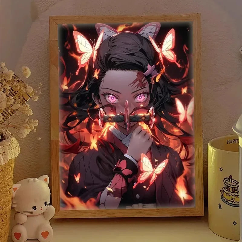 Demon Slayer Series Light Painting, Decorative Painting, Night Light, Creative Wooden Photo Frame Table, Rechargeable USB Model